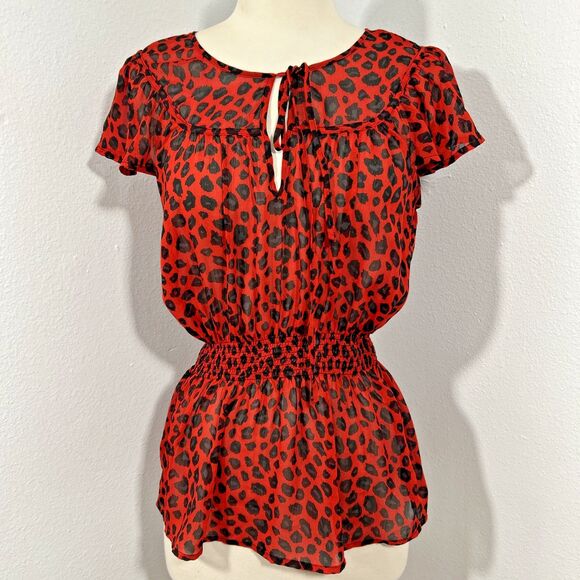 XXI Top Womens‎ S Petite Leopard Smocked Office Siren Flutter Blouse - Picture 1 of 7